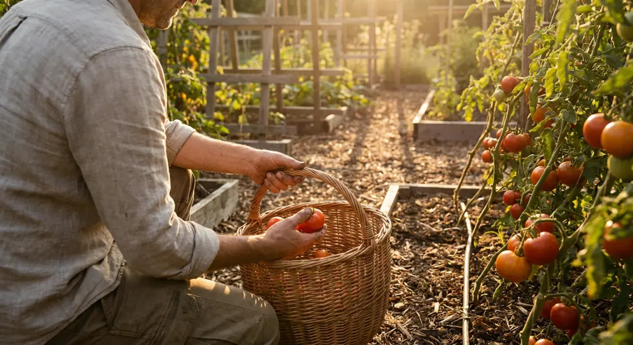 Golden-hour view of a person harvesting ripe tomatoes into a basket in a backyard vegetable garden