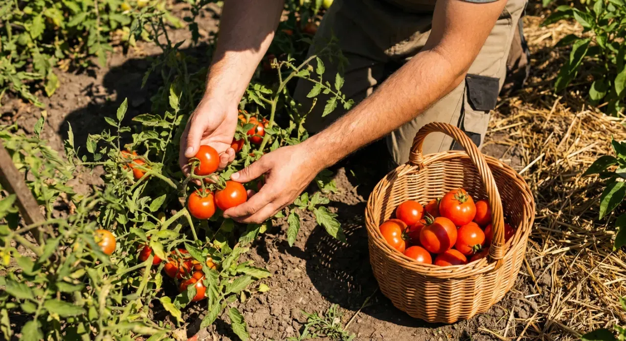 Overhead view of a person harvesting ripe tomatoes into a basket in a backyard vegetable garden, in bright midday sun