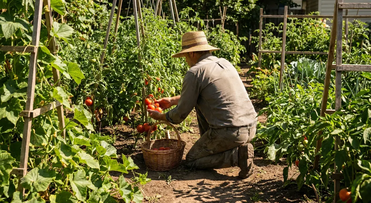 Wide environmental view of a person harvesting ripe tomatoes into a basket in a backyard vegetable garden, in bright midday sun