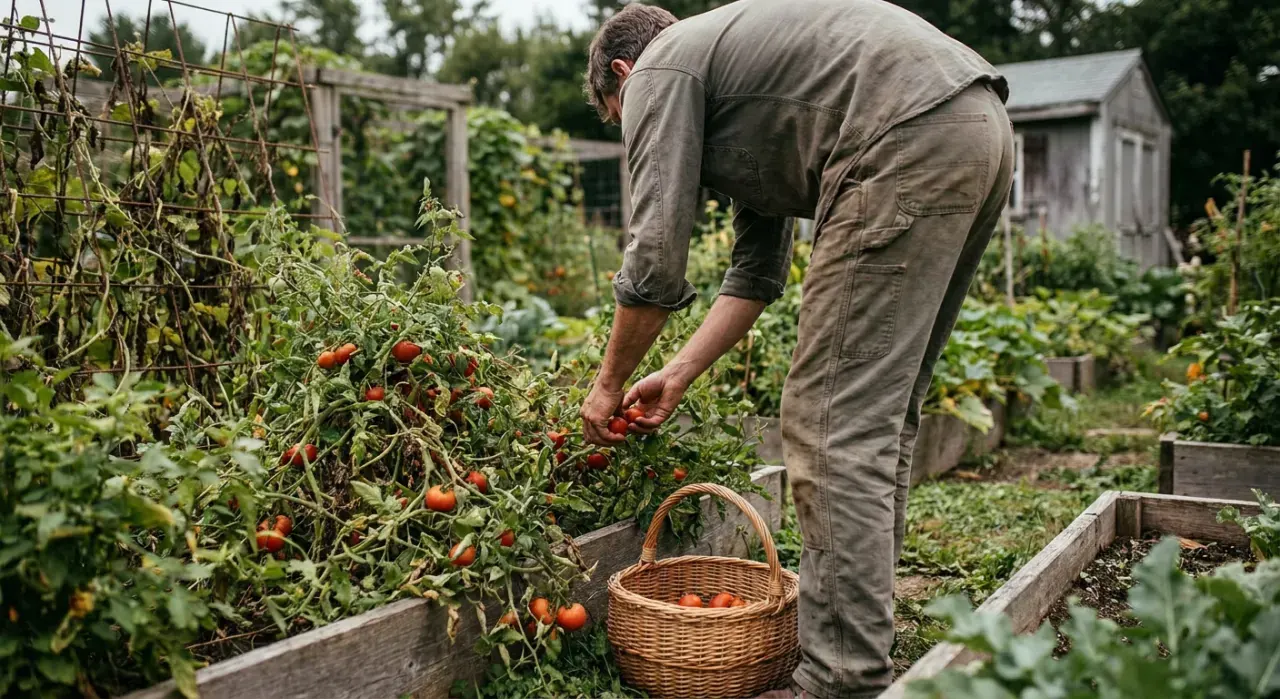 Wide view of a person harvesting ripe tomatoes into a basket in a backyard vegetable garden, in soft overcast light