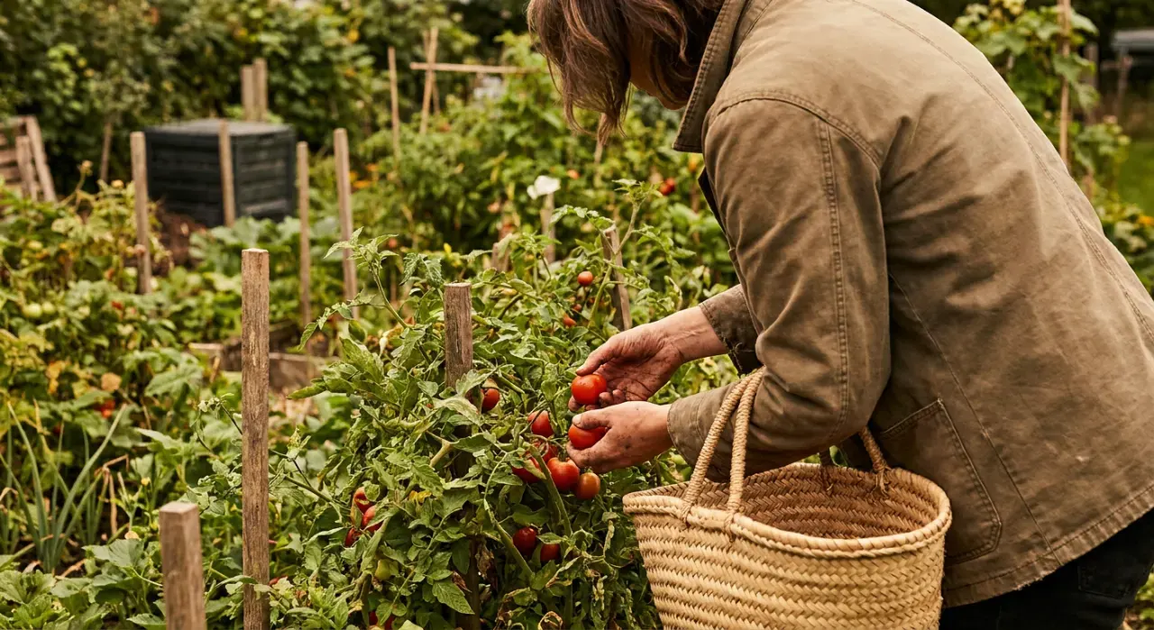 Over-the-shoulder view of a person harvesting ripe tomatoes into a basket in a backyard vegetable garden, in soft overcast light