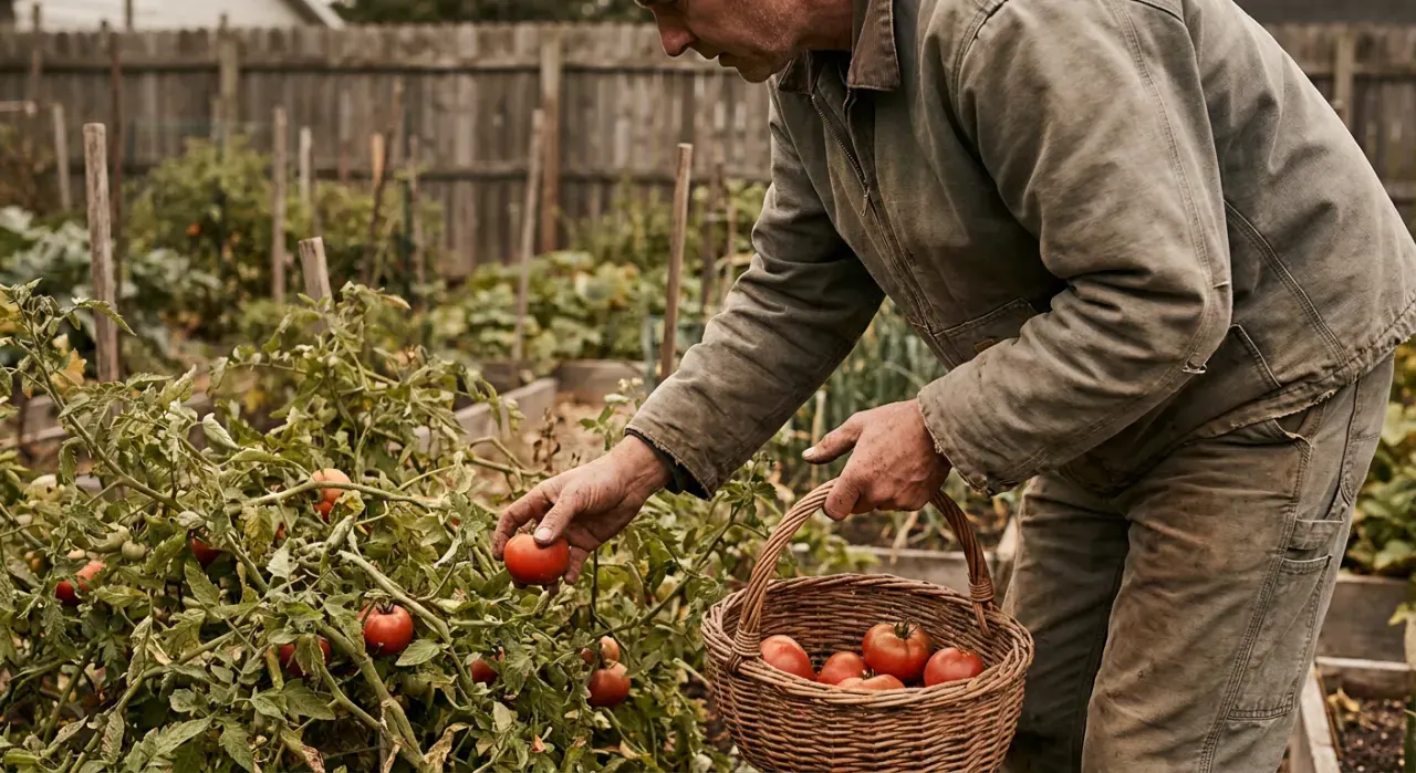 Three-quarter view of a person harvesting ripe tomatoes into a basket in a backyard vegetable garden, in soft overcast light