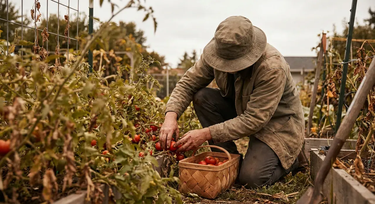 Low-angle view of a person harvesting ripe tomatoes into a basket in a backyard vegetable garden, in soft overcast light