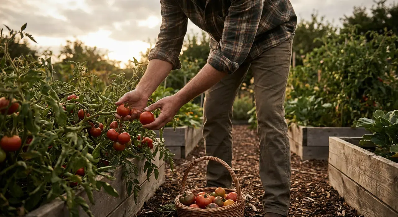 Golden-hour view of a person harvesting ripe tomatoes into a basket in a backyard vegetable garden