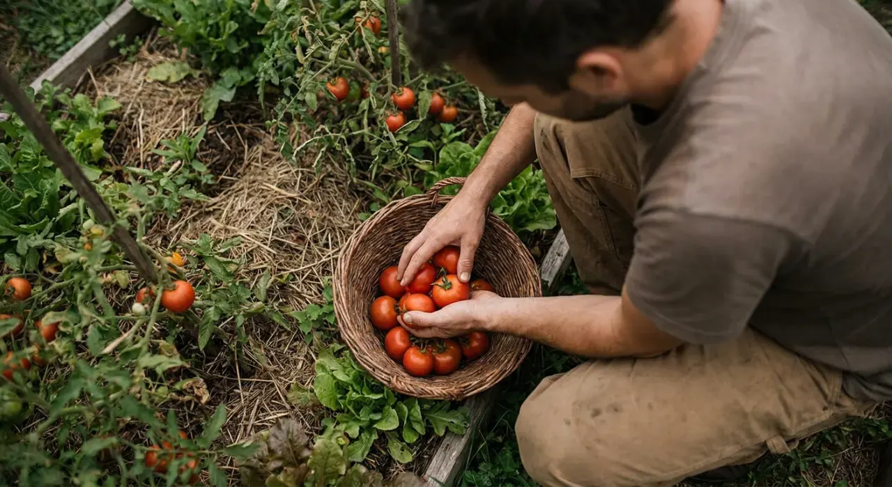 Overhead view of a person harvesting ripe tomatoes into a basket in a backyard vegetable garden, in soft overcast light