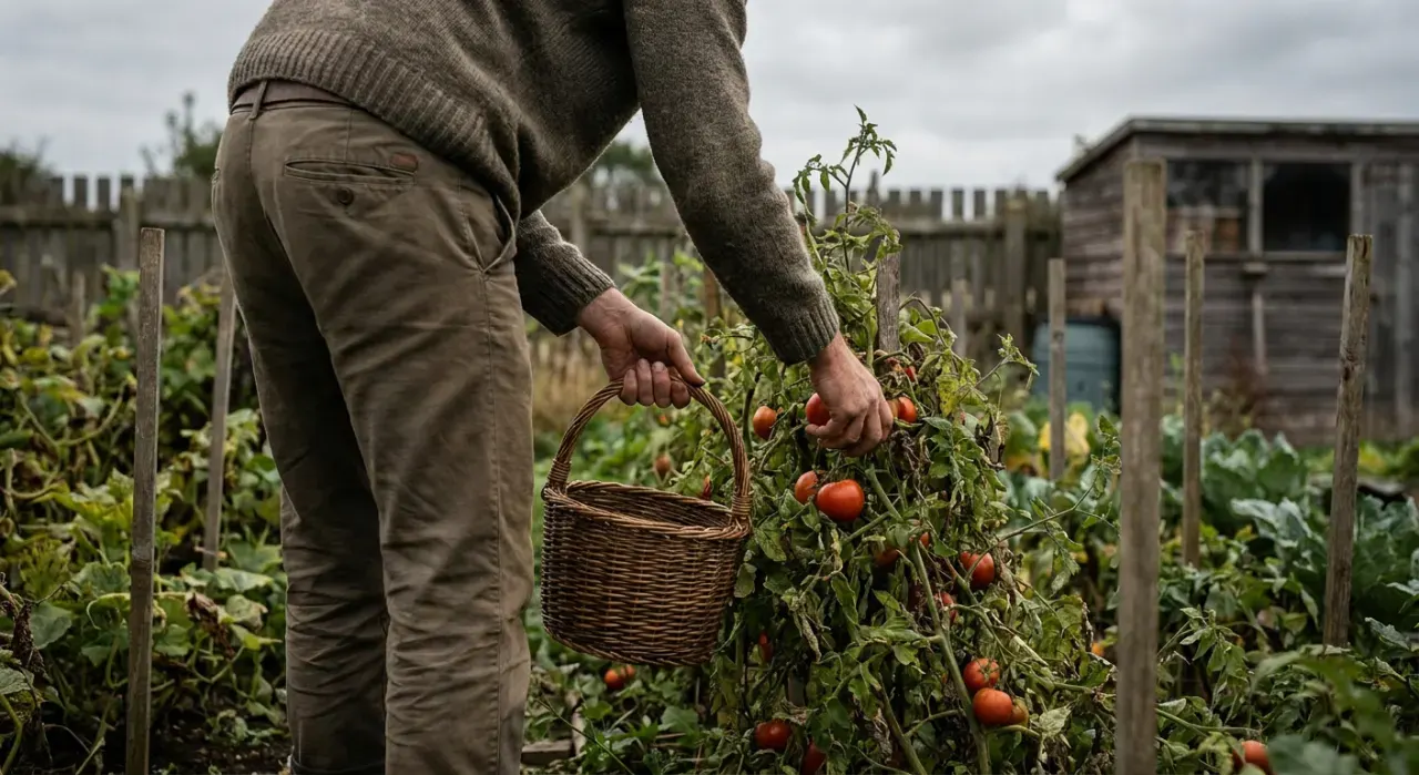 Wide environmental view of a person harvesting ripe tomatoes into a basket in a backyard vegetable garden, in soft overcast light