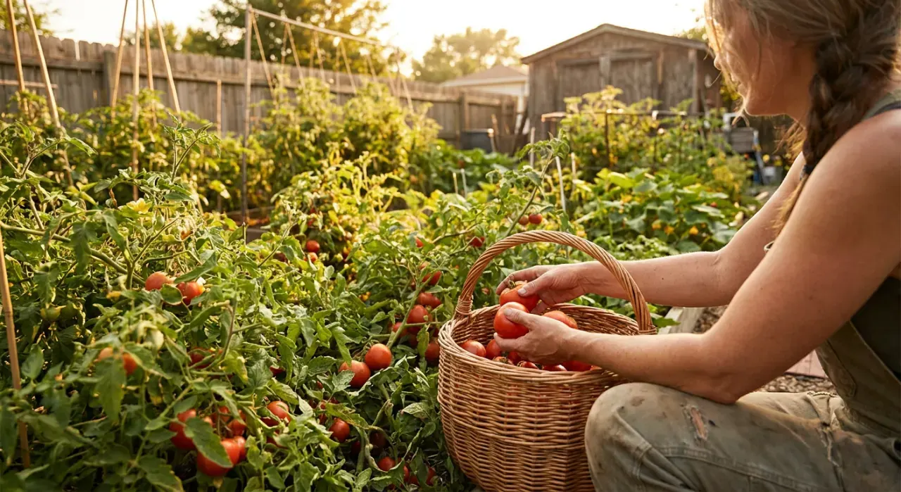 Wide view of a person harvesting ripe tomatoes into a basket in a backyard vegetable garden, in warm late-afternoon light