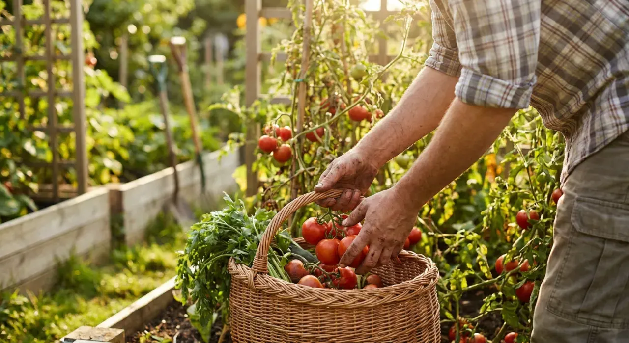 Over-the-shoulder view of a person harvesting ripe tomatoes into a basket in a backyard vegetable garden, in warm late-afternoon light