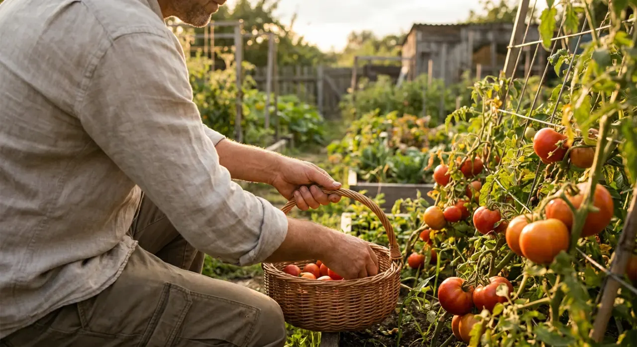 Three-quarter view of a person harvesting ripe tomatoes into a basket in a backyard vegetable garden, in warm late-afternoon light