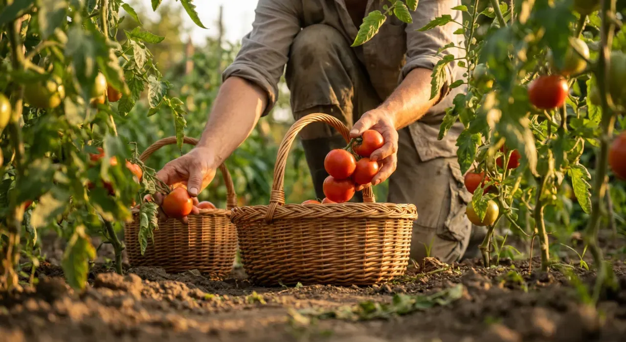 Low-angle view of a person harvesting ripe tomatoes into a basket in a backyard vegetable garden, in warm late-afternoon light