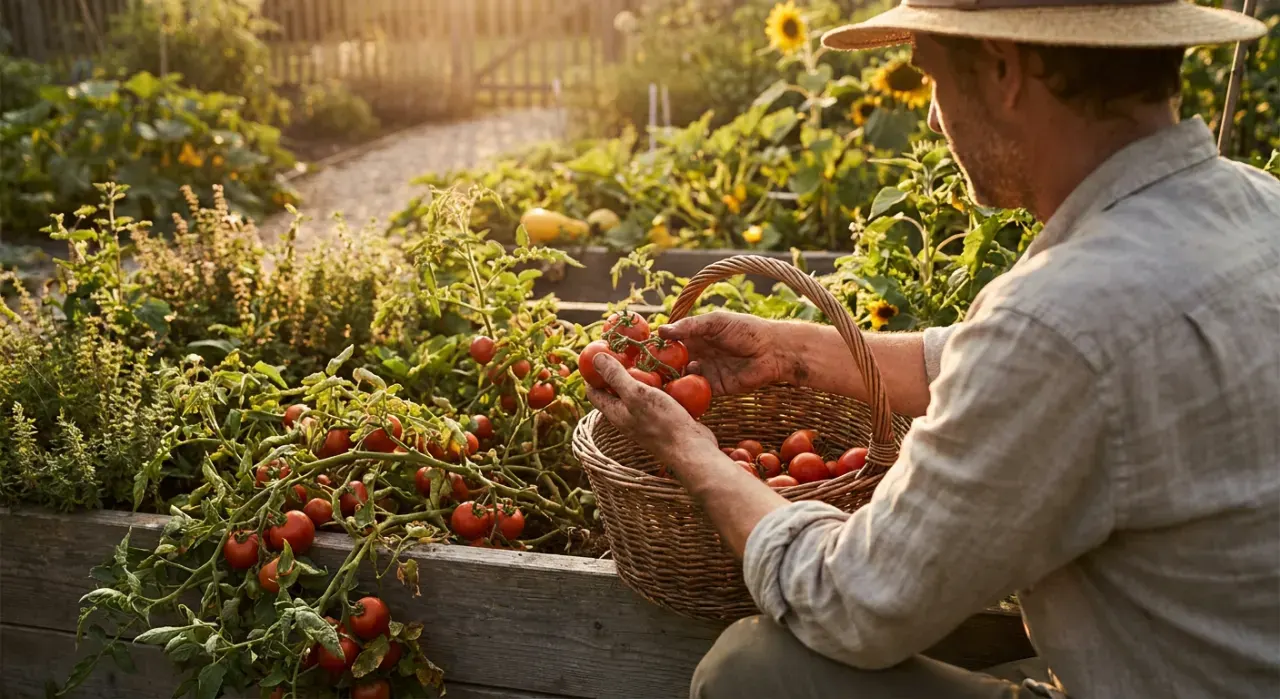 Golden-hour view of a person harvesting ripe tomatoes into a basket in a backyard vegetable garden