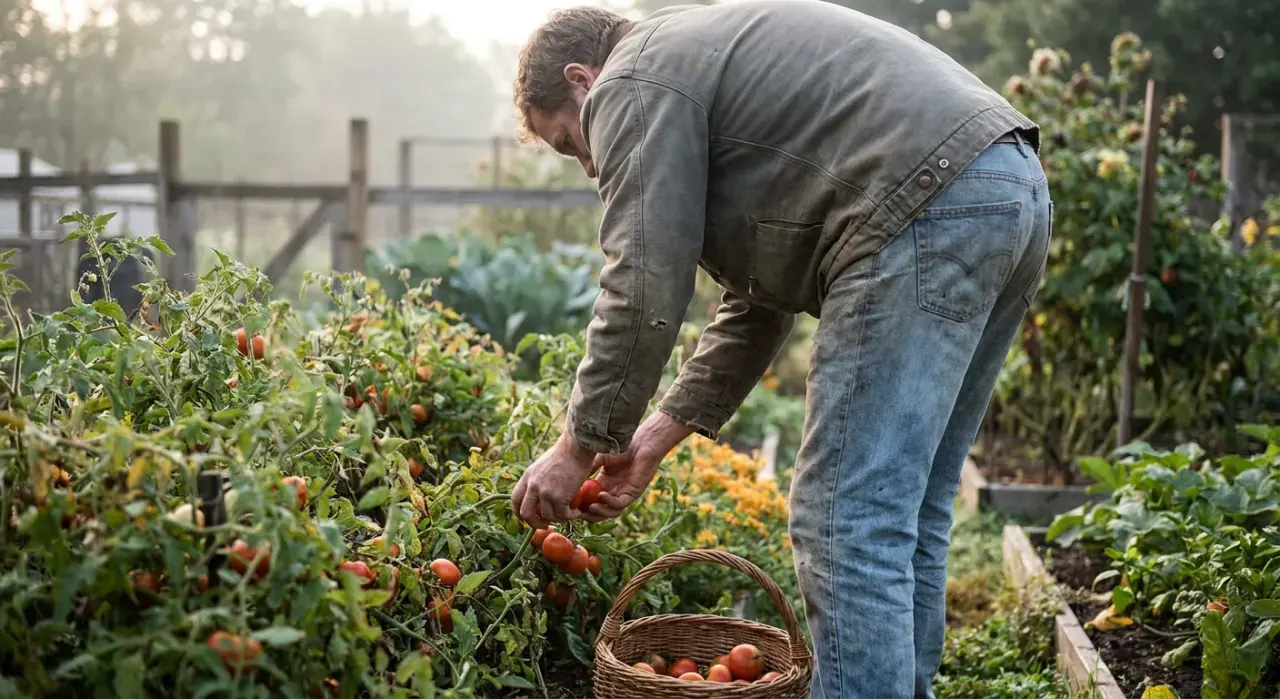 Three-quarter view of a person harvesting ripe tomatoes into a basket in a backyard vegetable garden, in soft early-morning light