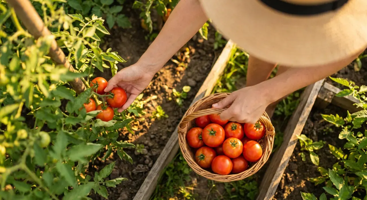 Overhead view of a person harvesting ripe tomatoes into a basket in a backyard vegetable garden, in warm late-afternoon light