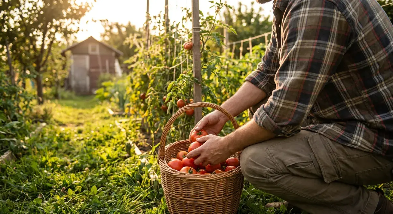Wide environmental view of a person harvesting ripe tomatoes into a basket in a backyard vegetable garden, in warm late-afternoon light