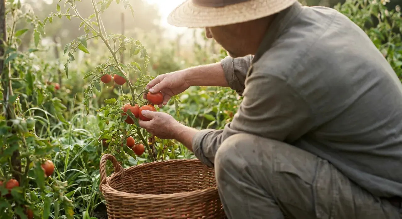 Low-angle view of a person harvesting ripe tomatoes into a basket in a backyard vegetable garden, in soft early-morning light