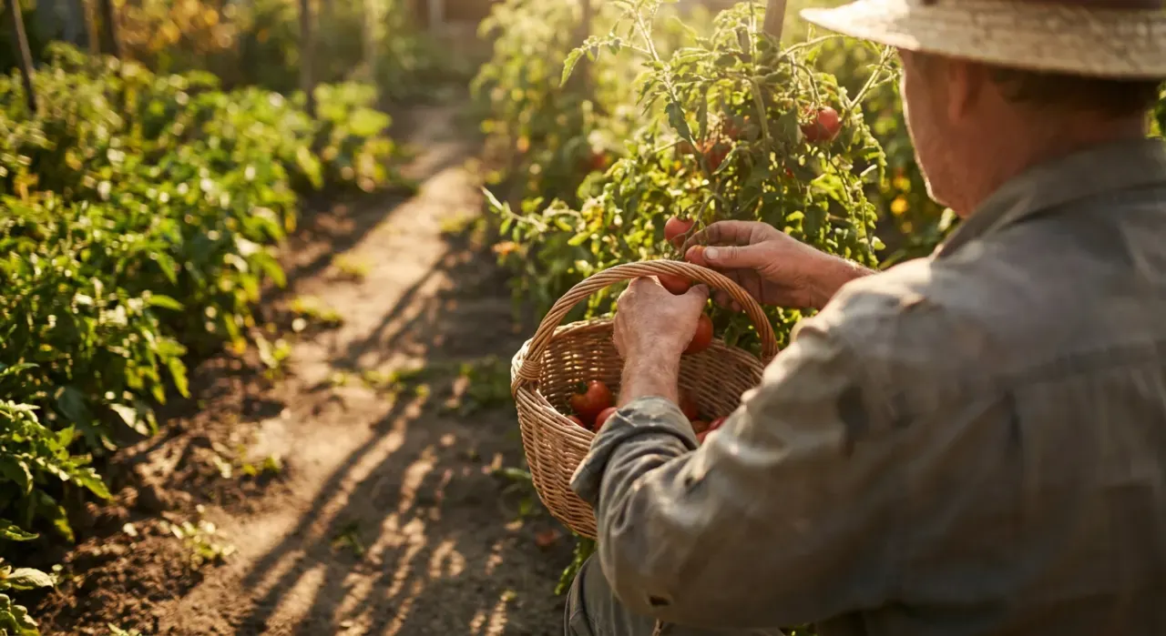 Golden-hour view of a person harvesting ripe tomatoes into a basket in a backyard vegetable garden