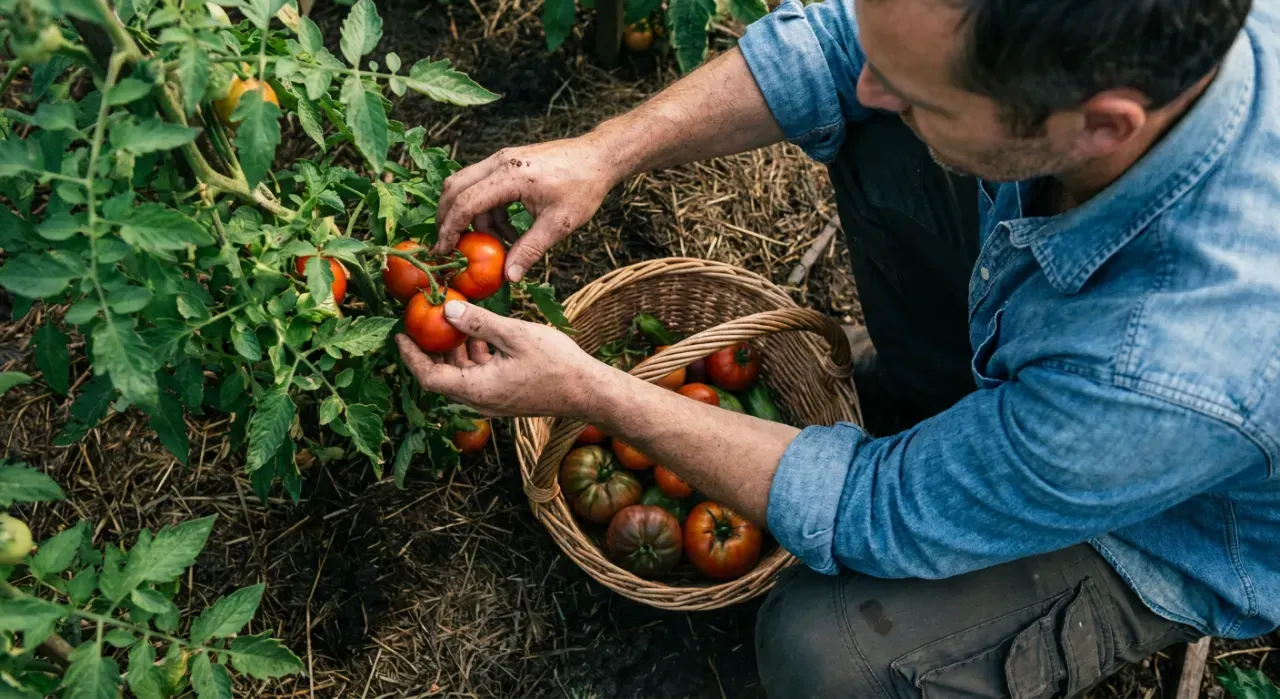 Overhead view of a person harvesting ripe tomatoes into a basket in a backyard vegetable garden, in soft early-morning light