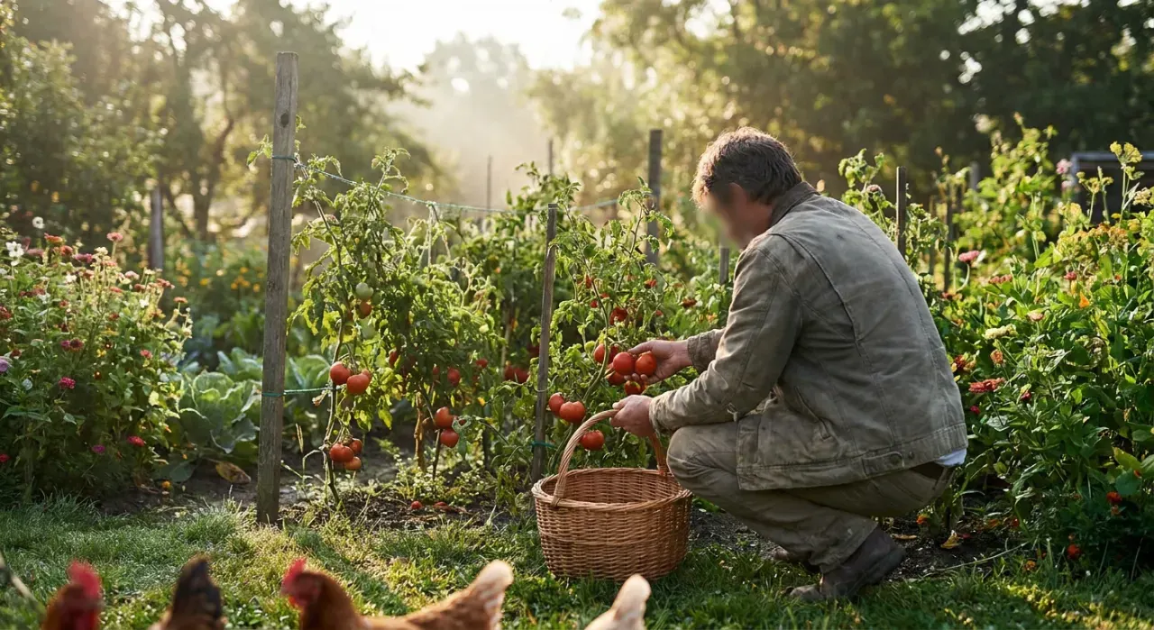 Wide environmental view of a person harvesting ripe tomatoes into a basket in a backyard vegetable garden, in soft early-morning light