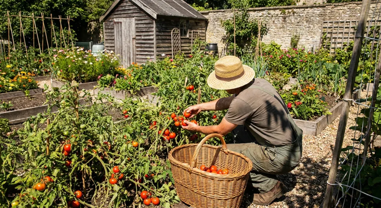 Wide view of a person harvesting ripe tomatoes into a basket in a backyard vegetable garden, in bright midday sun