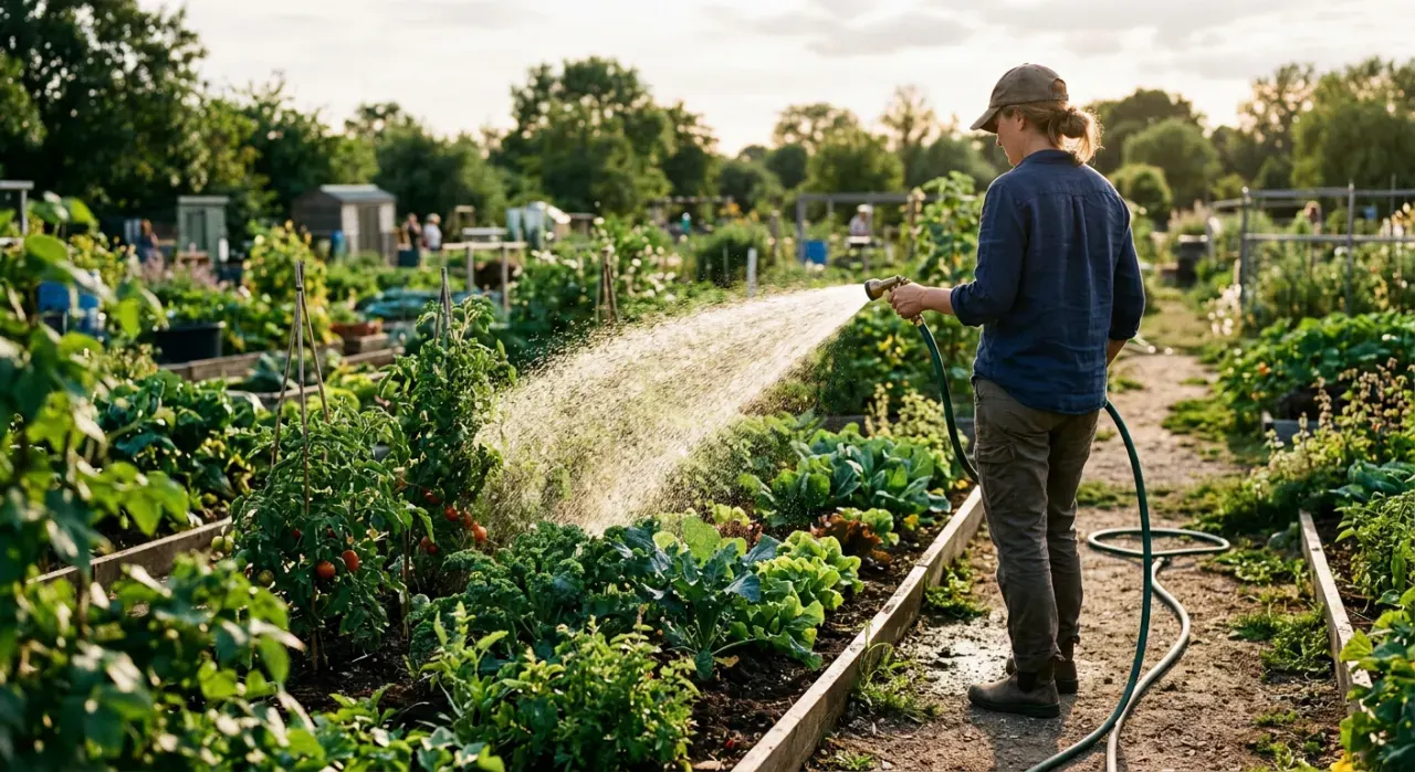 Wide view of a person watering a vegetable bed with a garden hose, water catching the light, in soft early-morning light