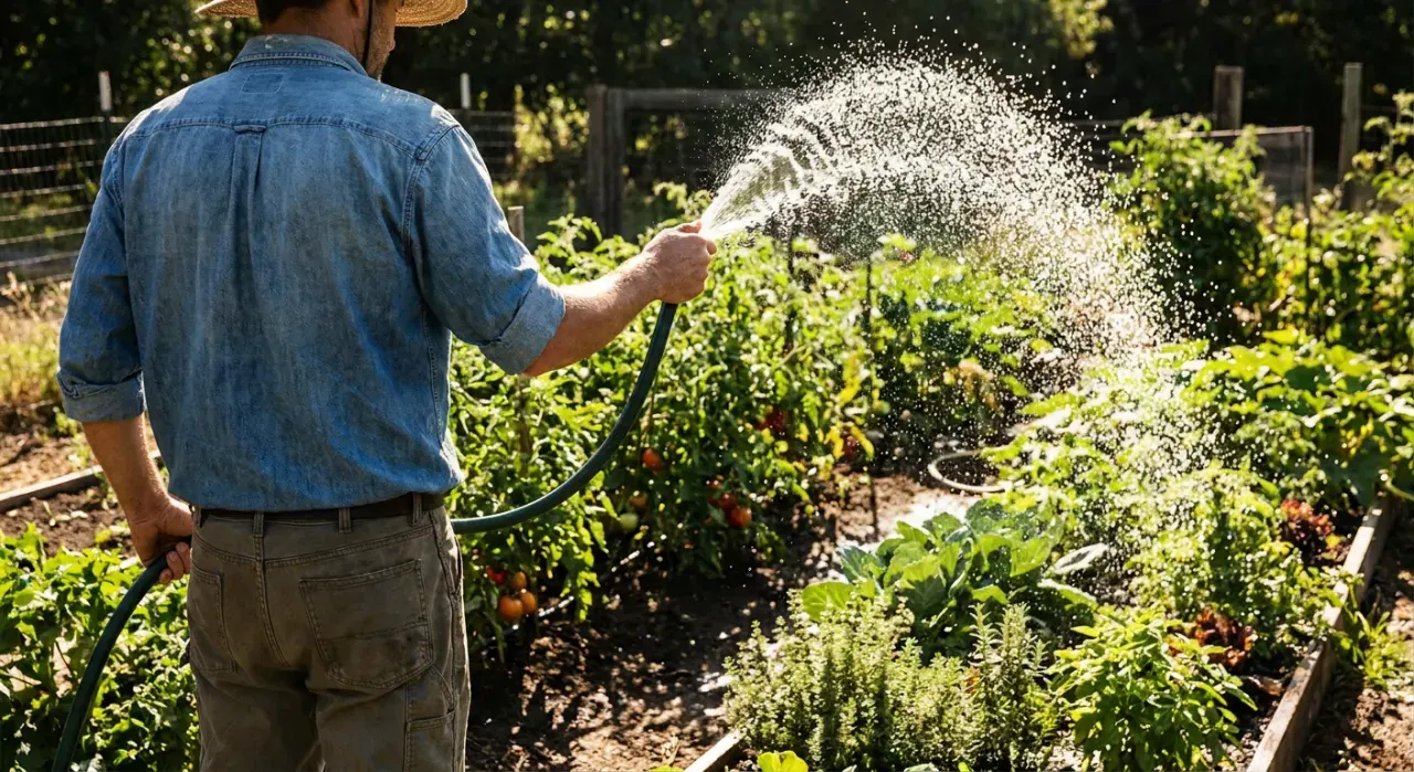 Over-the-shoulder view of a person watering a vegetable bed with a garden hose, water catching the light, in bright midday sun