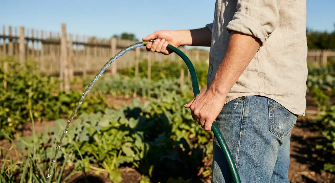Three-quarter view of a person watering a vegetable bed with a garden hose, water catching the light, in bright midday sun