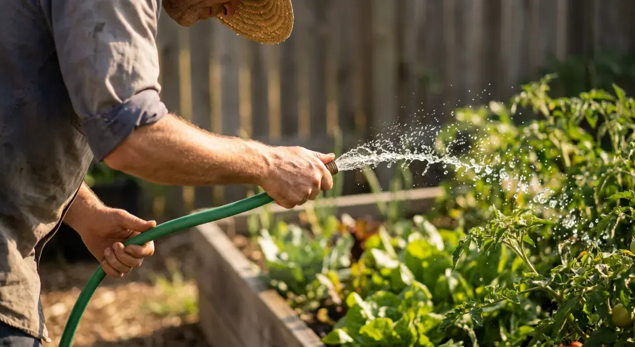 Low-angle view of a person watering a vegetable bed with a garden hose, water catching the light, in bright midday sun