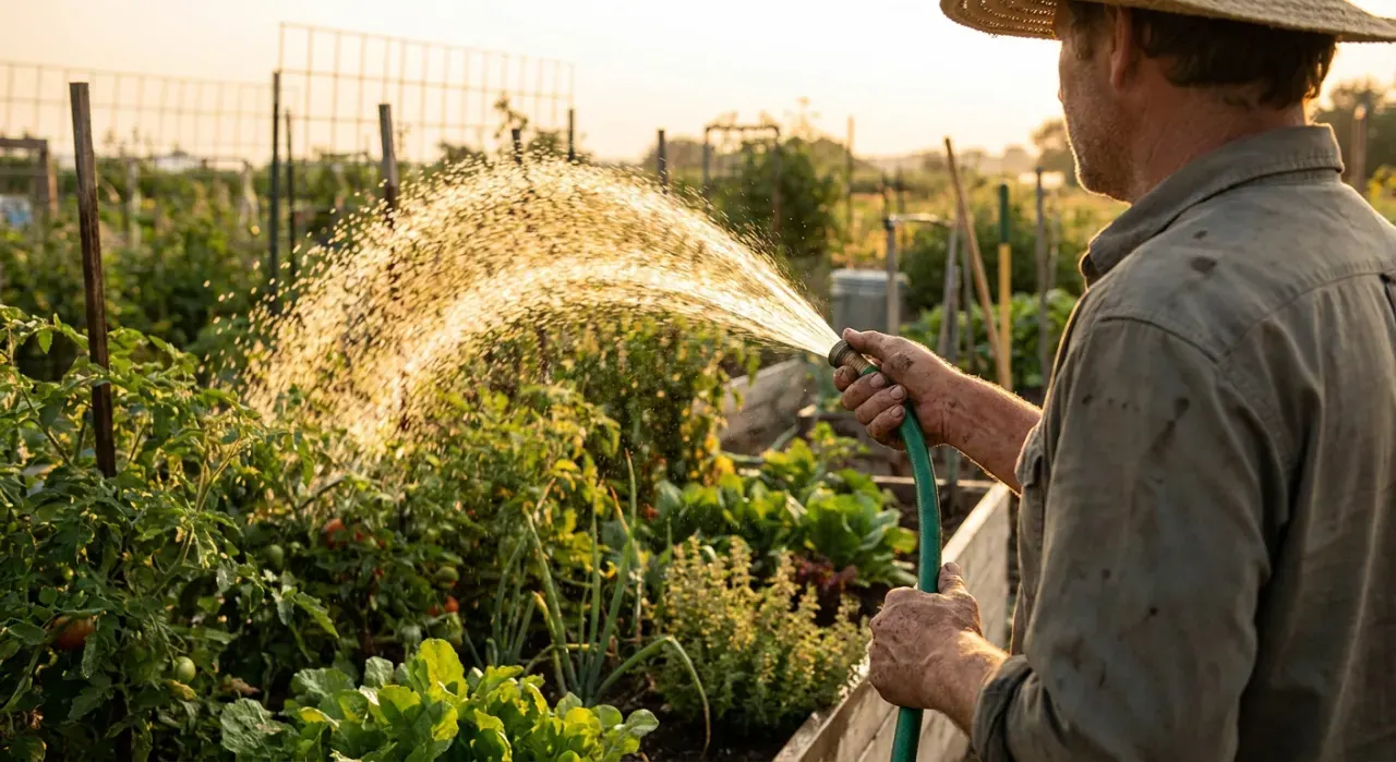 Golden-hour view of a person watering a vegetable bed with a garden hose, water catching the light