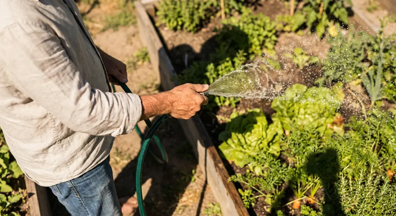 Overhead view of a person watering a vegetable bed with a garden hose, water catching the light, in bright midday sun