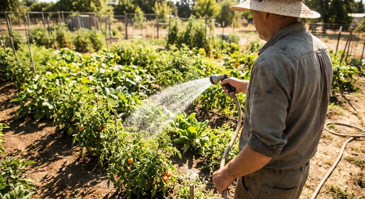 Wide environmental view of a person watering a vegetable bed with a garden hose, water catching the light, in bright midday sun