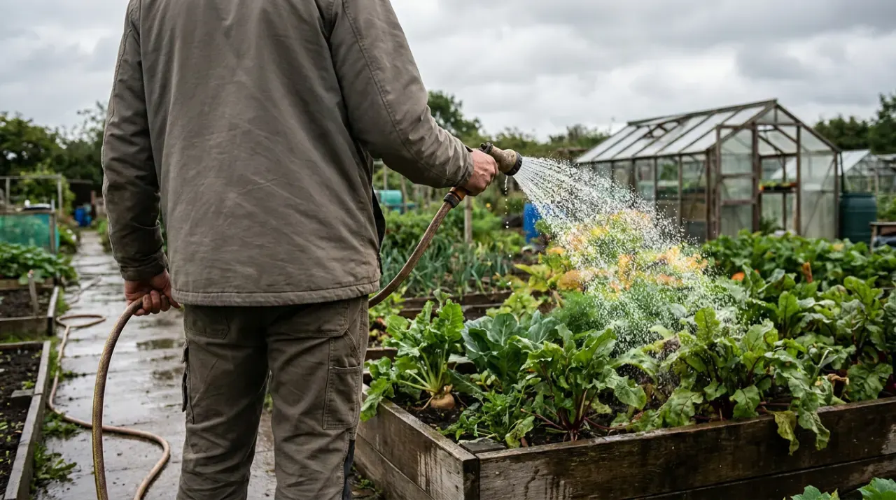 Wide view of a person watering a vegetable bed with a garden hose, water catching the light, in soft overcast light