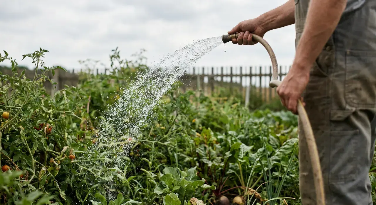 Over-the-shoulder view of a person watering a vegetable bed with a garden hose, water catching the light, in soft overcast light