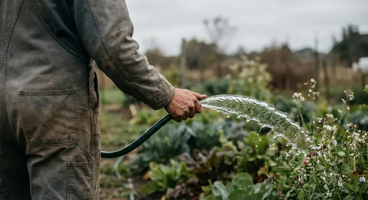 Three-quarter view of a person watering a vegetable bed with a garden hose, water catching the light, in soft overcast light