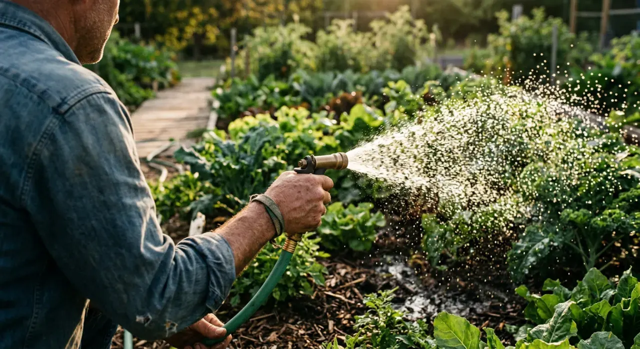 Over-the-shoulder view of a person watering a vegetable bed with a garden hose, water catching the light, in soft early-morning light