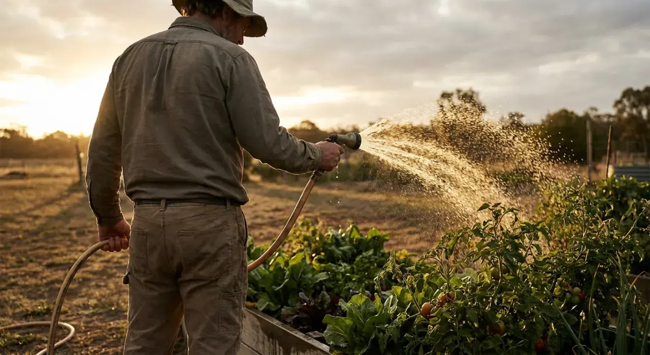 Golden-hour view of a person watering a vegetable bed with a garden hose, water catching the light