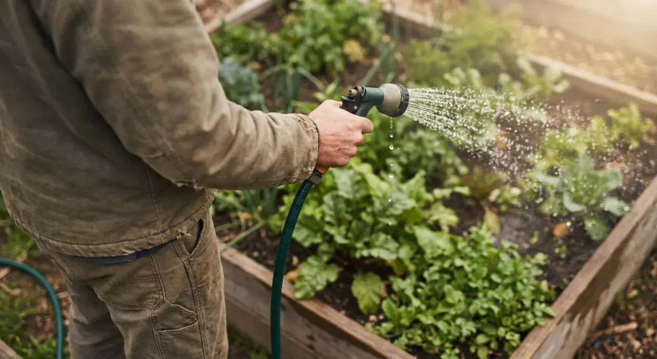 Overhead view of a person watering a vegetable bed with a garden hose, water catching the light, in soft overcast light