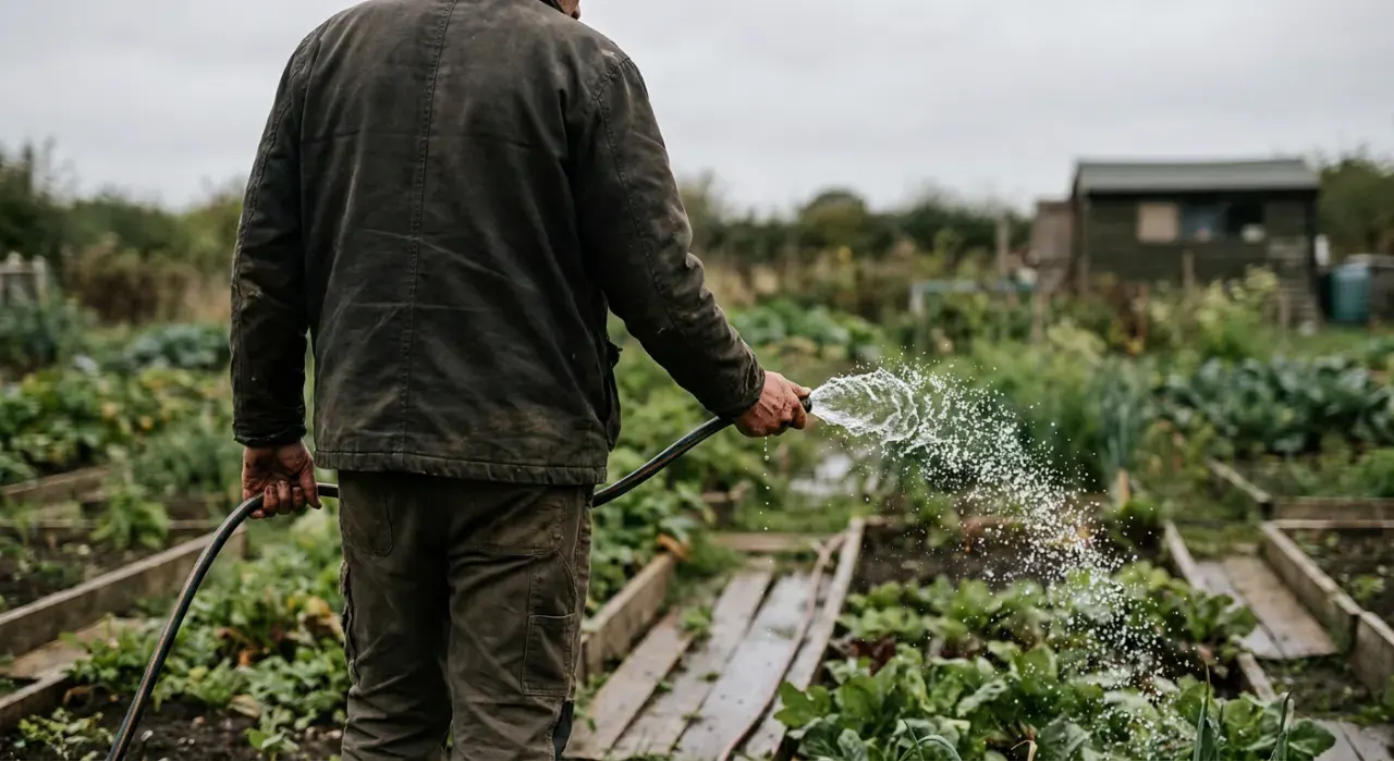 Wide environmental view of a person watering a vegetable bed with a garden hose, water catching the light, in soft overcast light
