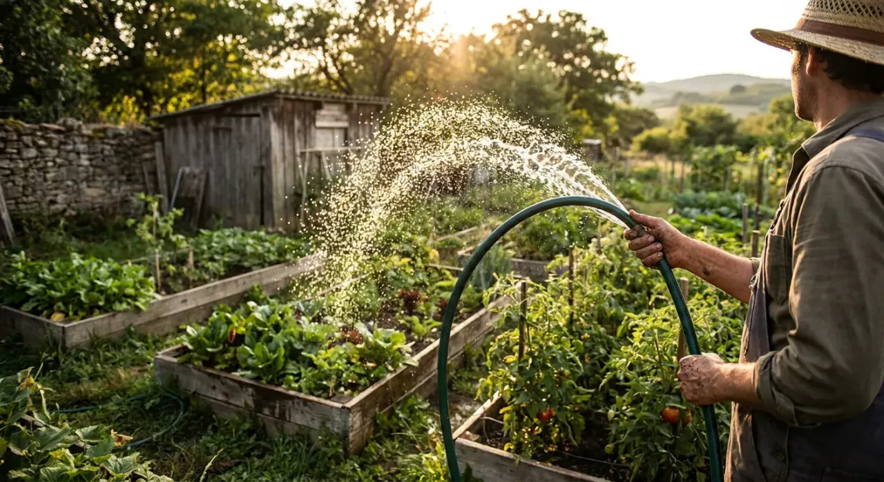 Wide view of a person watering a vegetable bed with a garden hose, water catching the light, in warm late-afternoon light