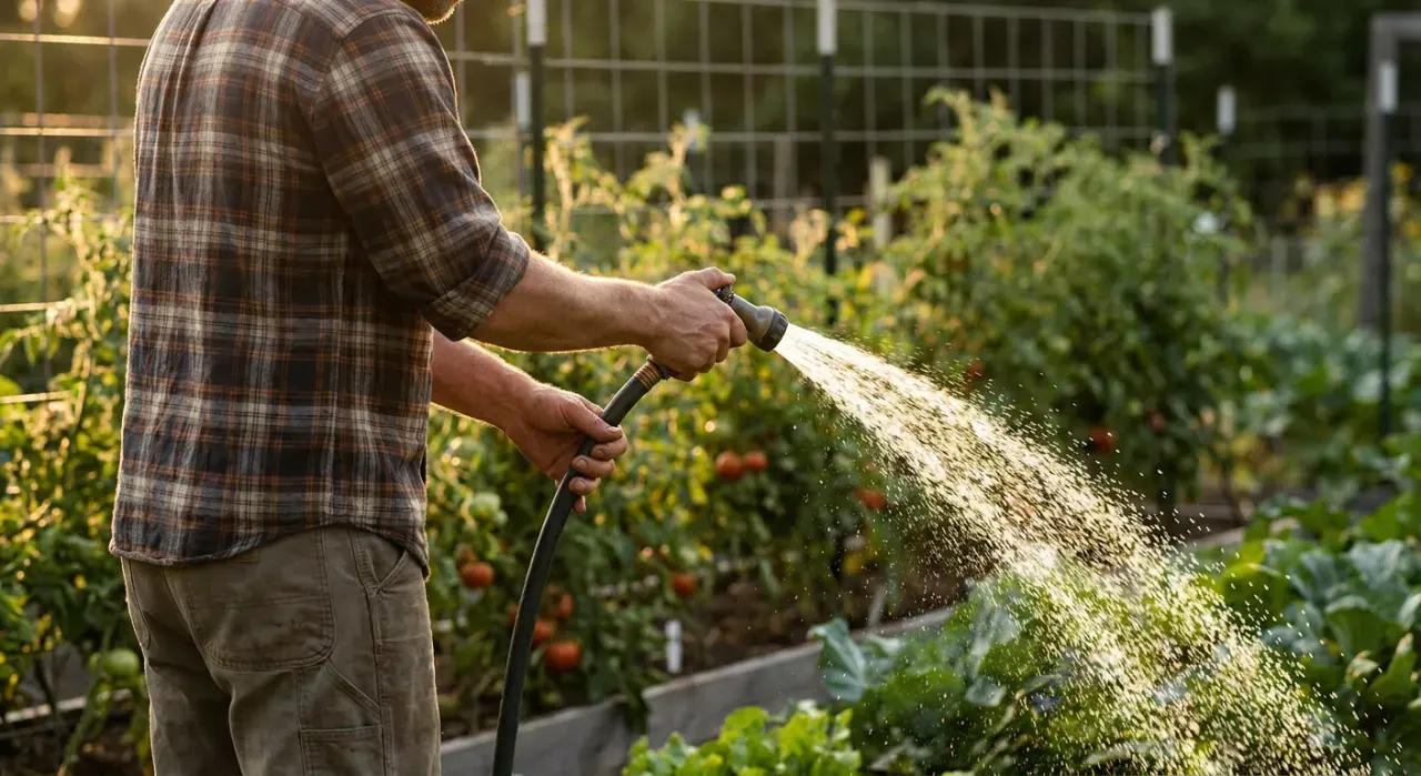 Three-quarter view of a person watering a vegetable bed with a garden hose, water catching the light, in warm late-afternoon light