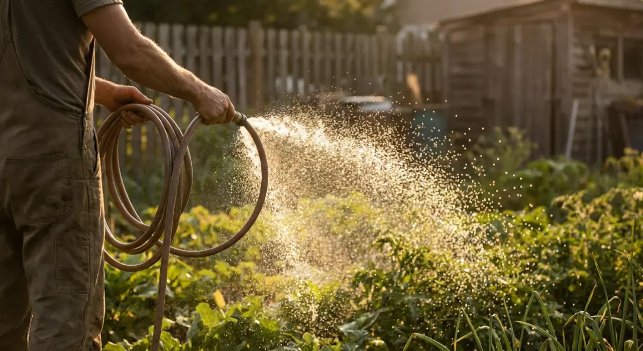 Low-angle view of a person watering a vegetable bed with a garden hose, water catching the light, in warm late-afternoon light