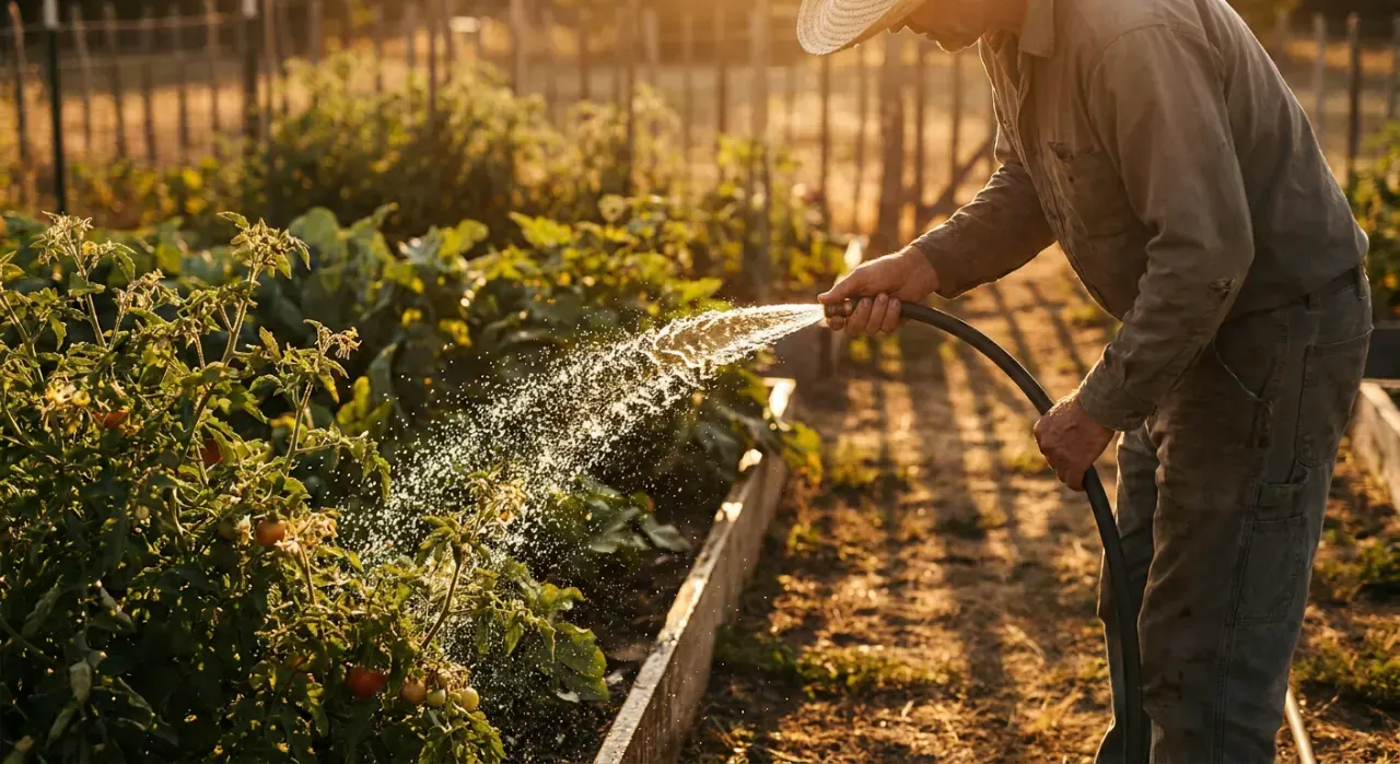 Golden-hour view of a person watering a vegetable bed with a garden hose, water catching the light