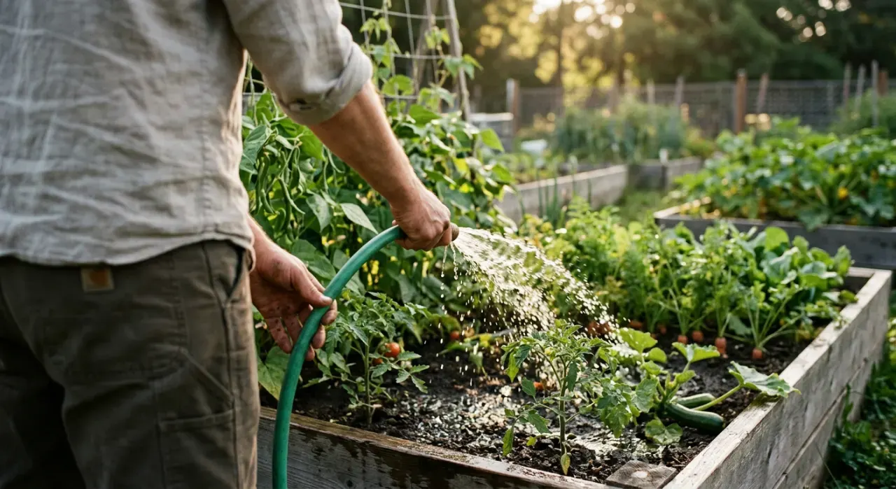 Three-quarter view of a person watering a vegetable bed with a garden hose, water catching the light, in soft early-morning light