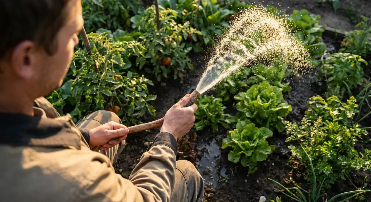 Overhead view of a person watering a vegetable bed with a garden hose, water catching the light, in warm late-afternoon light