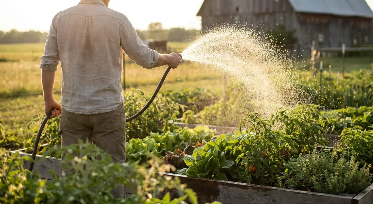 Wide environmental view of a person watering a vegetable bed with a garden hose, water catching the light, in warm late-afternoon light