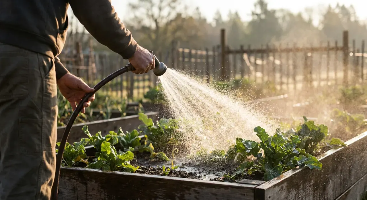 Low-angle view of a person watering a vegetable bed with a garden hose, water catching the light, in soft early-morning light