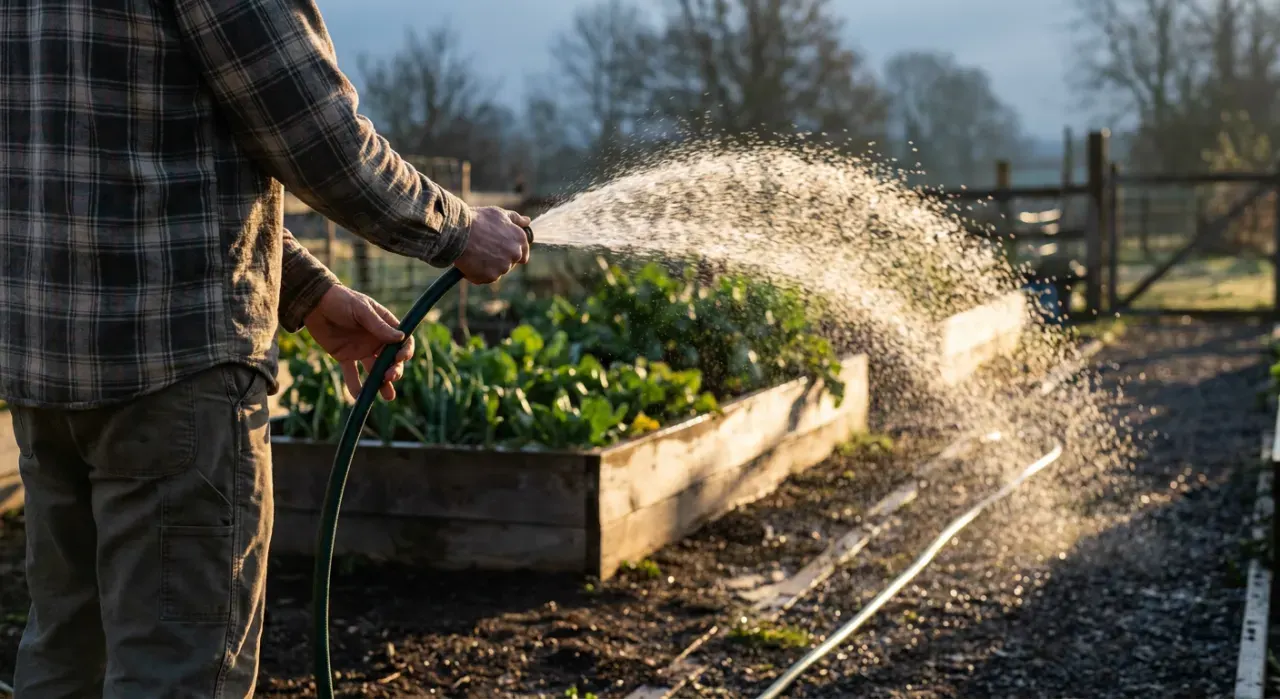Golden-hour view of a person watering a vegetable bed with a garden hose, water catching the light