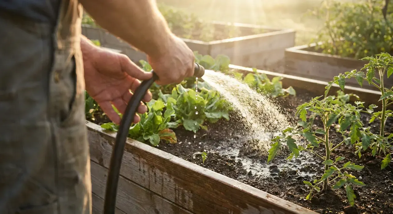 Close-up detail of the material being worked in a watering & irrigation project, in soft early-morning light