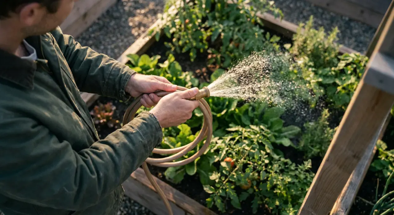Overhead view of a person watering a vegetable bed with a garden hose, water catching the light, in soft early-morning light