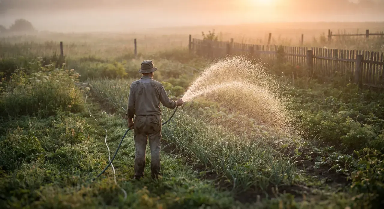 Wide environmental view of a person watering a vegetable bed with a garden hose, water catching the light, in soft early-morning light
