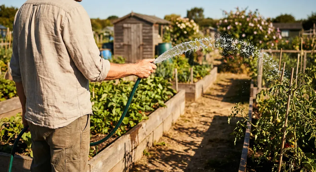 Wide view of a person watering a vegetable bed with a garden hose, water catching the light, in bright midday sun